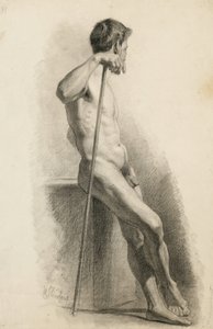 Estudio de desnudo masculino con bastón, vista lateral, 1871